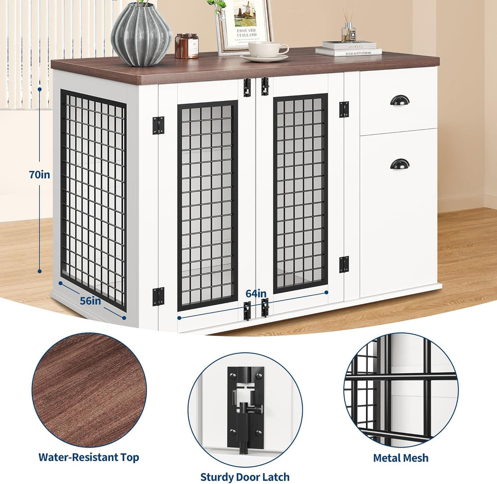 44 Inch Dog Crate Furniture, Large Dog Crate Furniture with Drawer Sand Side Cabinets, Wooden Dogs Kennel Indoor for Small Medium Large Dogs, White