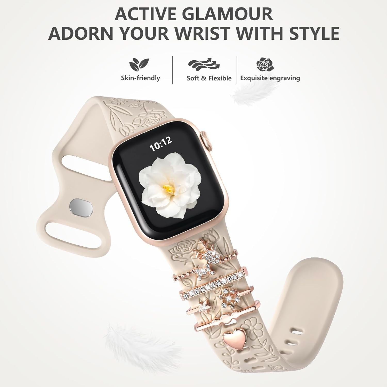 Flower Engraved Band Compatible with Apple Watch Bands for Women 40Mm 38Mm 41Mm 42Mm, Soft Silicone Strap with Dressy Decorative Apple Watch Charms for Iwatch Series 11 10 9 8 7 6 5 4 3 2 1 SE