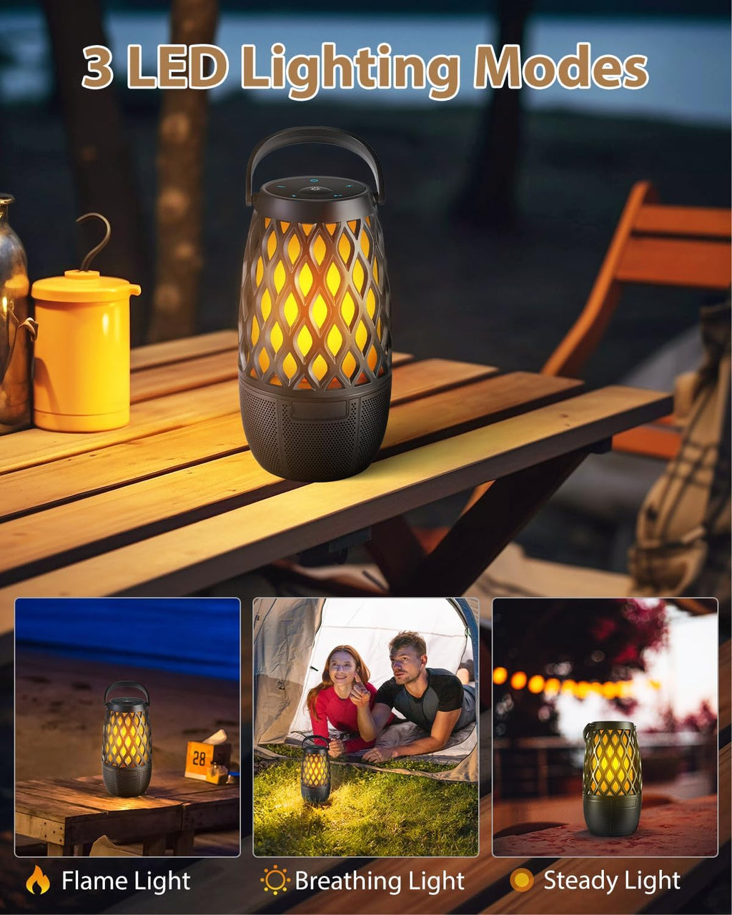 Outdoor Bluetooth Speakers Waterproof Wireless Outdoor Speakers with Flame Lights, Tech Gadgets Gift for Men Dad Her, Multi-Sync up to 100 Speakers, HD Stereo Sound, IPX5 for Patio Porch Party
