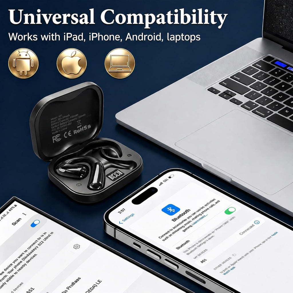 Open Ear Headphones, Wireless Headphones with Smart Digital Display & Mic, Open Ear Earbuds 35H Playtime, Sweat Resistant & Waterproof, Secure Comfortable Fit - Running, Sport, Driving, Daily (Black)