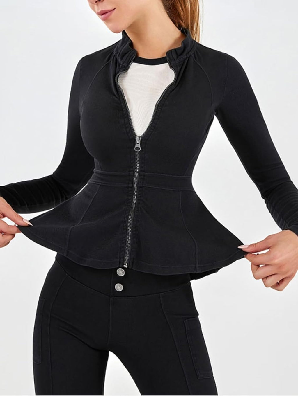 Casual Denim Peplum Jacket for Women Long Sleeve Zip Front Athletic Workout Ruffle Blazer Coats