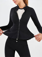 Casual Denim Peplum Jacket for Women Long Sleeve Zip Front Athletic Workout Ruffle Blazer Coats