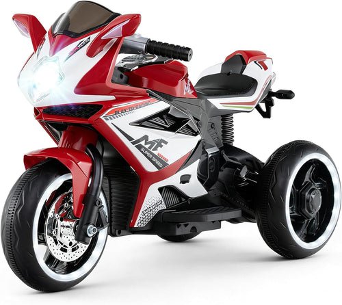6V Kids Motorcycle with Forward & Reverse Switch, Headlight, Wheel Lights, Horn, Music, USB Port, 3-Wheel Ride on Toy for Toddler Aged 3+ (Red)