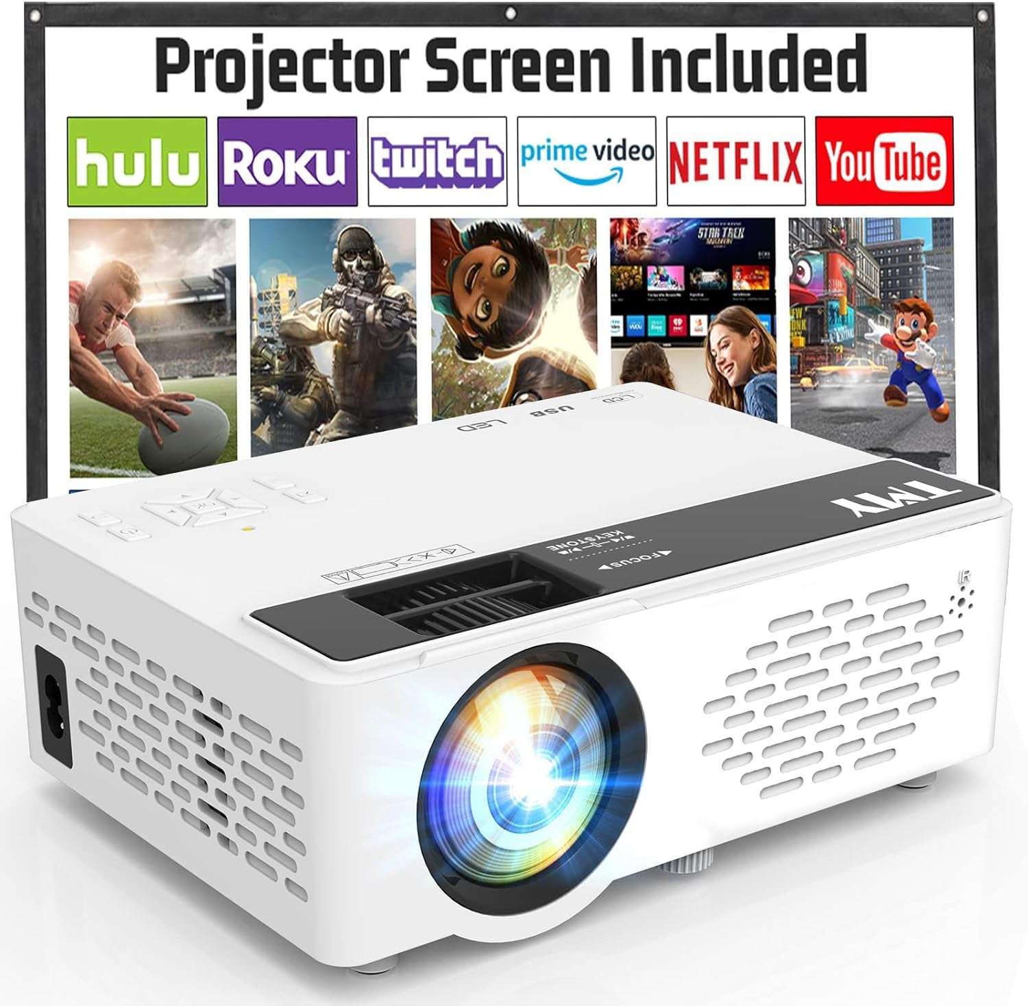 Mini Projector, Upgraded Bluetooth Projector with 100" Screen, 1080P Full HD Portable Projector, Movie Projector Compatible with TV Stick Smartphone/Hdmi/Usb/Av, Indoor & Outdoor Use