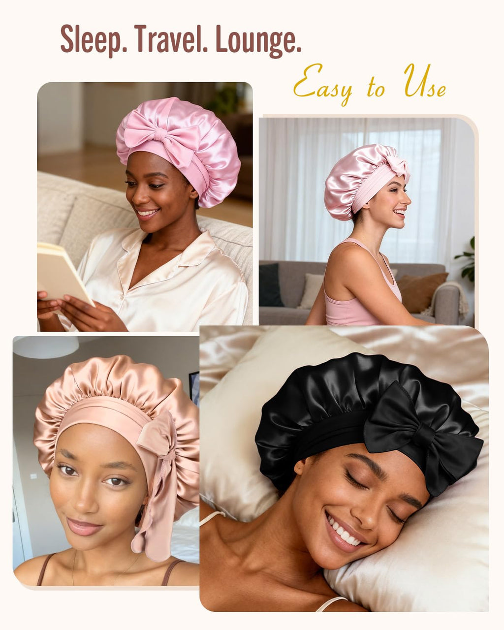 Double Layer Silk Bonnet for Sleeping for Women Satin Lined Bonnet Night Cap for Curly Hair with Tie Band,Black