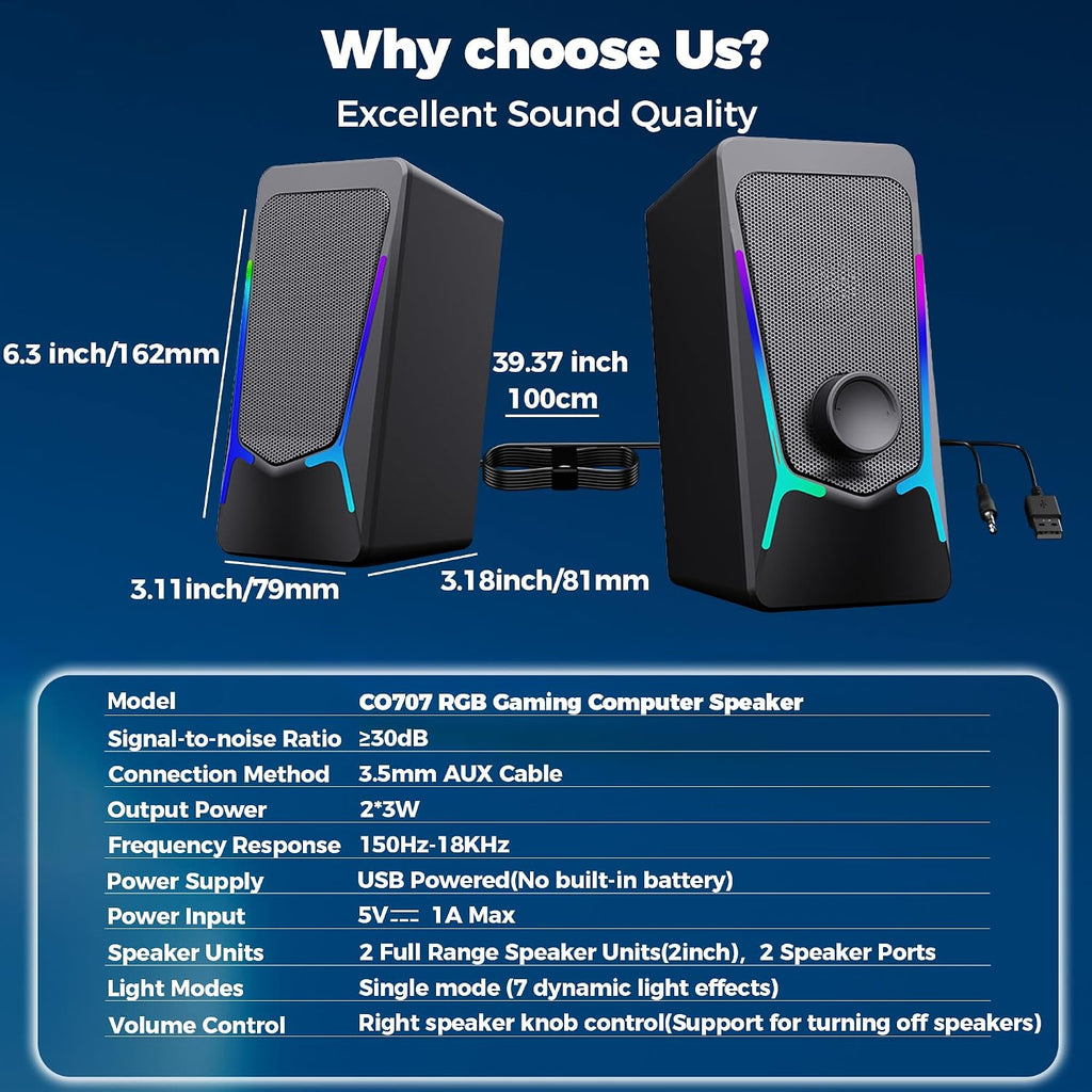 Computer Speakers, Gaming PC Speakers with Enhanced Bass and Volume Control, Stereo 2.0 USB Powered 3.5Mm Aux Multimedia Speakers for Laptop/Desktop/Tablets/Phone