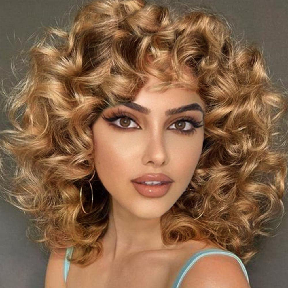 Curly Wig with Bangs Wigs for Black Women Honey Blonde Short Synthetic Hair Wigs (#30 Honey Blonde)