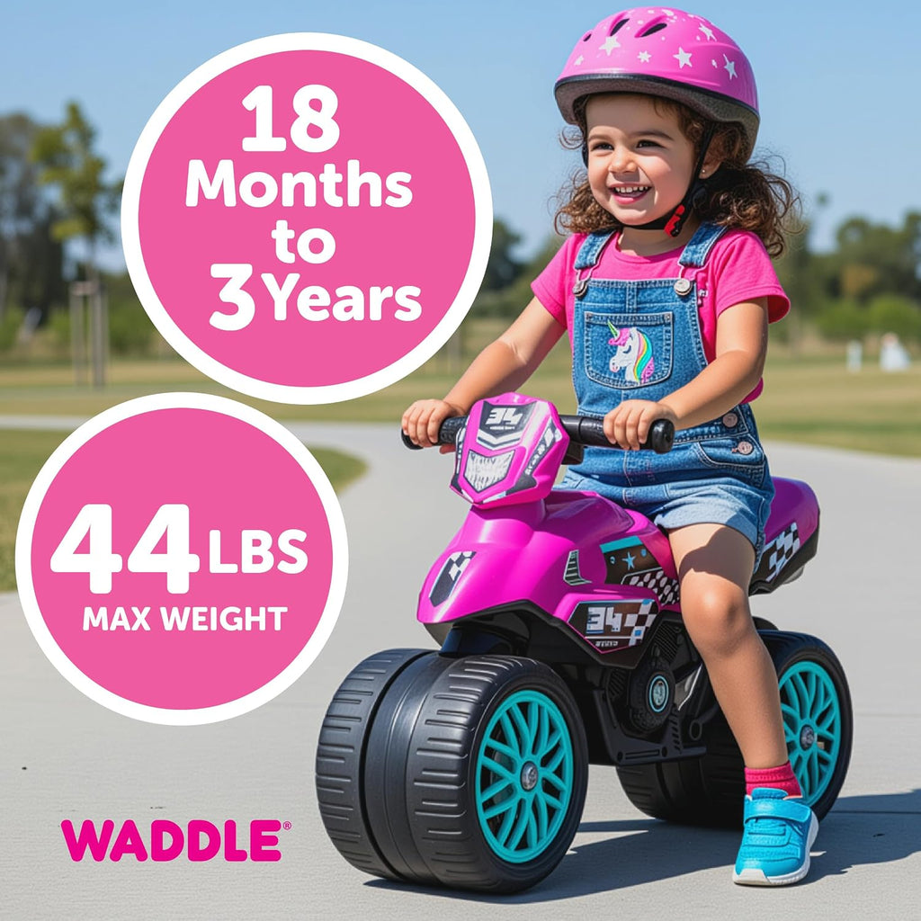 Kids Motorcycle Balance Bike - Toddler Ride on Toys W/Sounds, Wide Wheel Base, Rubber Coated Wheels, Foot to Floor Toddler Car up to 44 Lbs, Motorbike for Kids Ages 18 Months to 3 Yrs, Pink