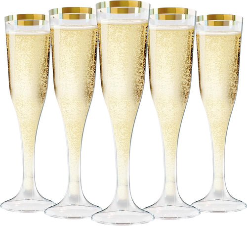 100 Plastic Champagne Flutes, 4.5Oz Clear Disposable Hard Stemware Cups with Golden Rim, Plastic Champagne Glasses for Wedding, Graduation Party, Bridal Shower, Birthday Party