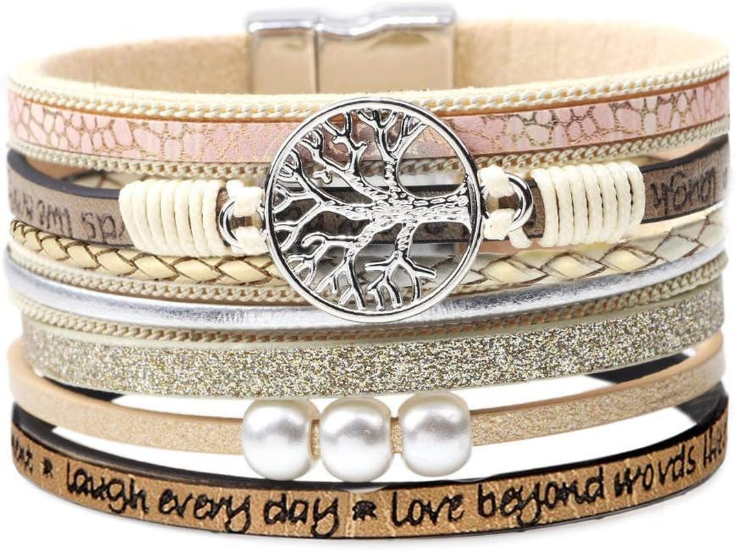 Inspirational Tree of Life Boho Leather Wrap Bangle Bracelets for Women, Teen Girl Gifts Trendy Stuff, Fashion Accessories Jewelry Gifts for Women Girls