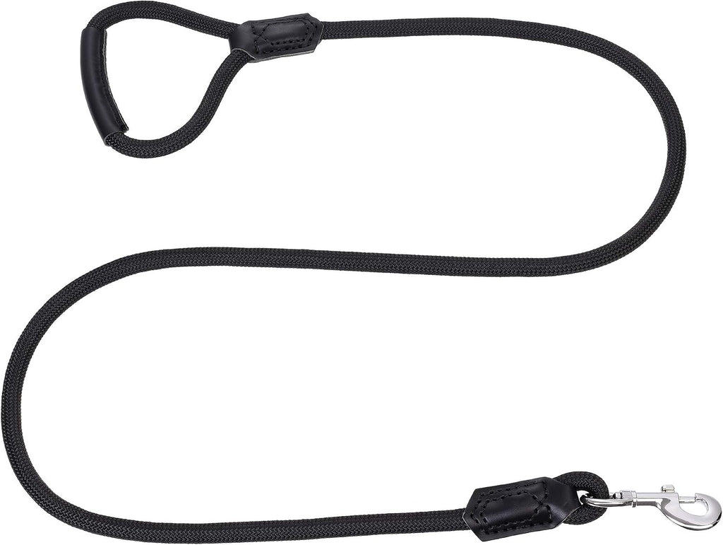 Dog Leash with Genuine Leather Connection/Handle, 4/5/6 FT | Rope Leash, Heavy Duty 360° Swivel Metal Clasp, for Small Medium & Large Dogs