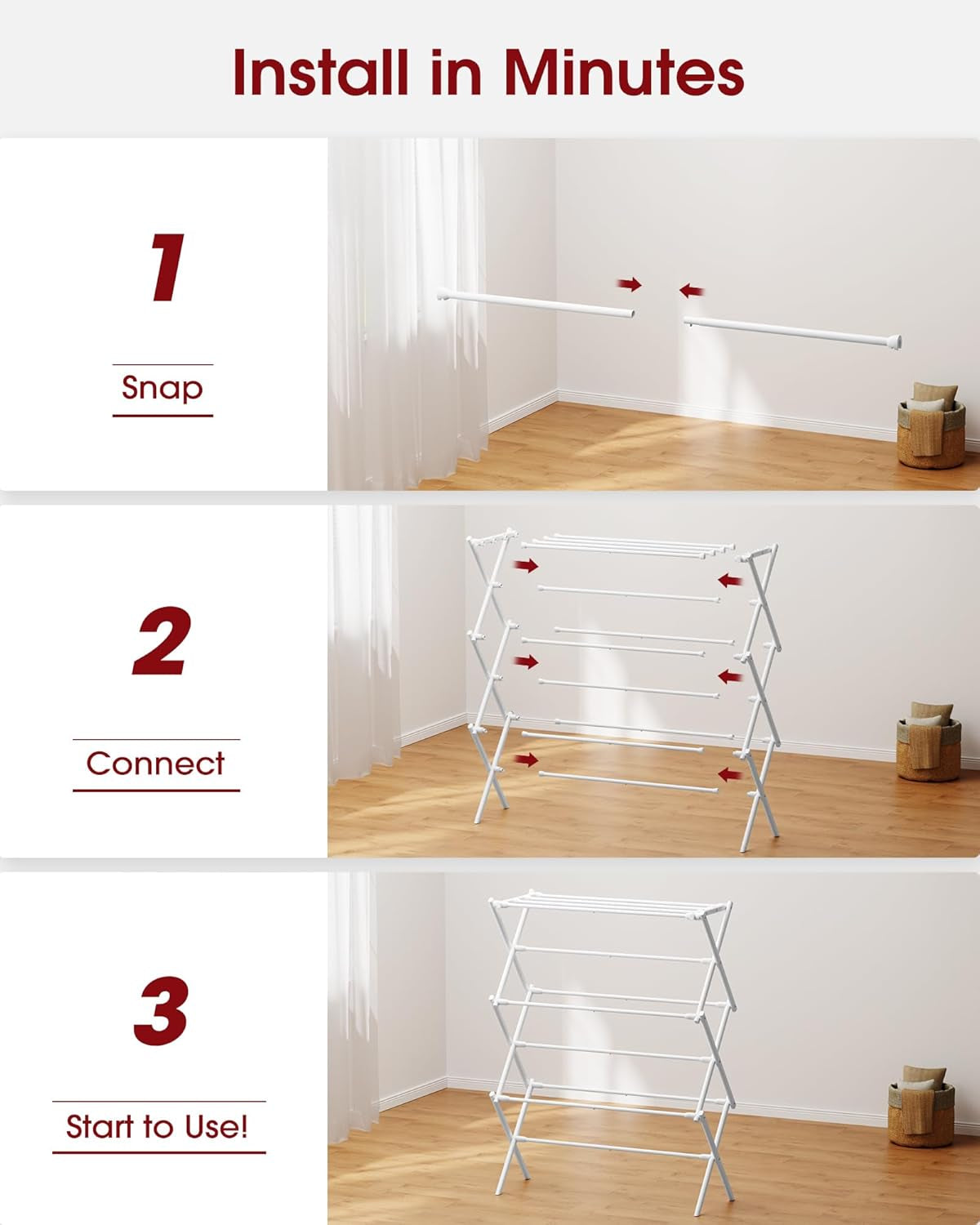 Foldable Clothes Drying Rack – Metal Laundry Drying Rack with Non-Slip Feet, 3-Tier Space-Saving Clothing Rack for Organization, Indoor & Outdoor Use, 11.4" D X 29.1" W X 37.4" H, White