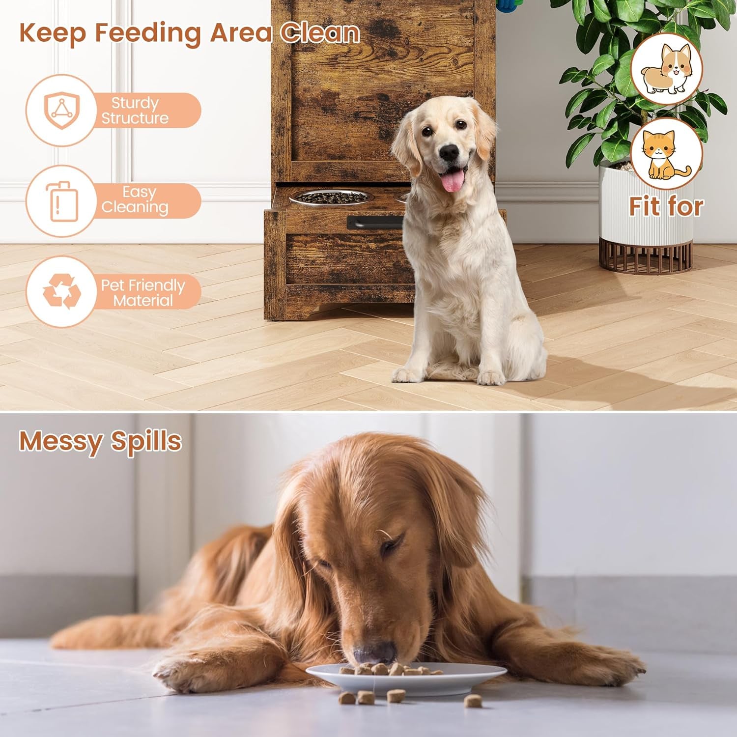 35''H Pet Food Cabinet Flip Top Dog Food Storage Cabinet,Dog Feeding Station with 2 Elevated Dog Bowls, Large Pet Toy Storage Organizer,Rustic Brown