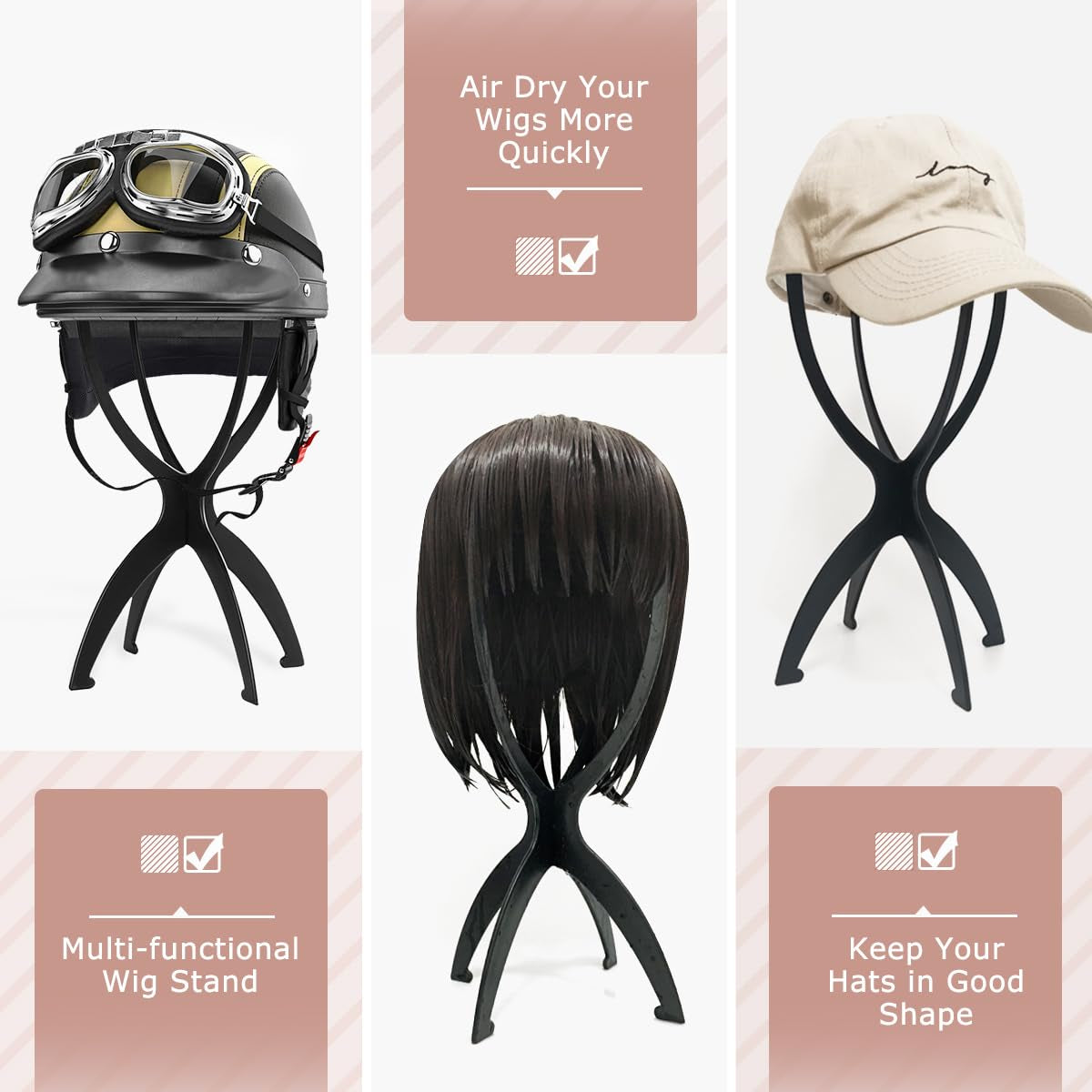 Wig Head Stand for Travel, Wig Drying Stand, Black, 2 Packs | Easy Assembly, Fast Air Drying, Travel Portable, Shape Retention, Versatile Display