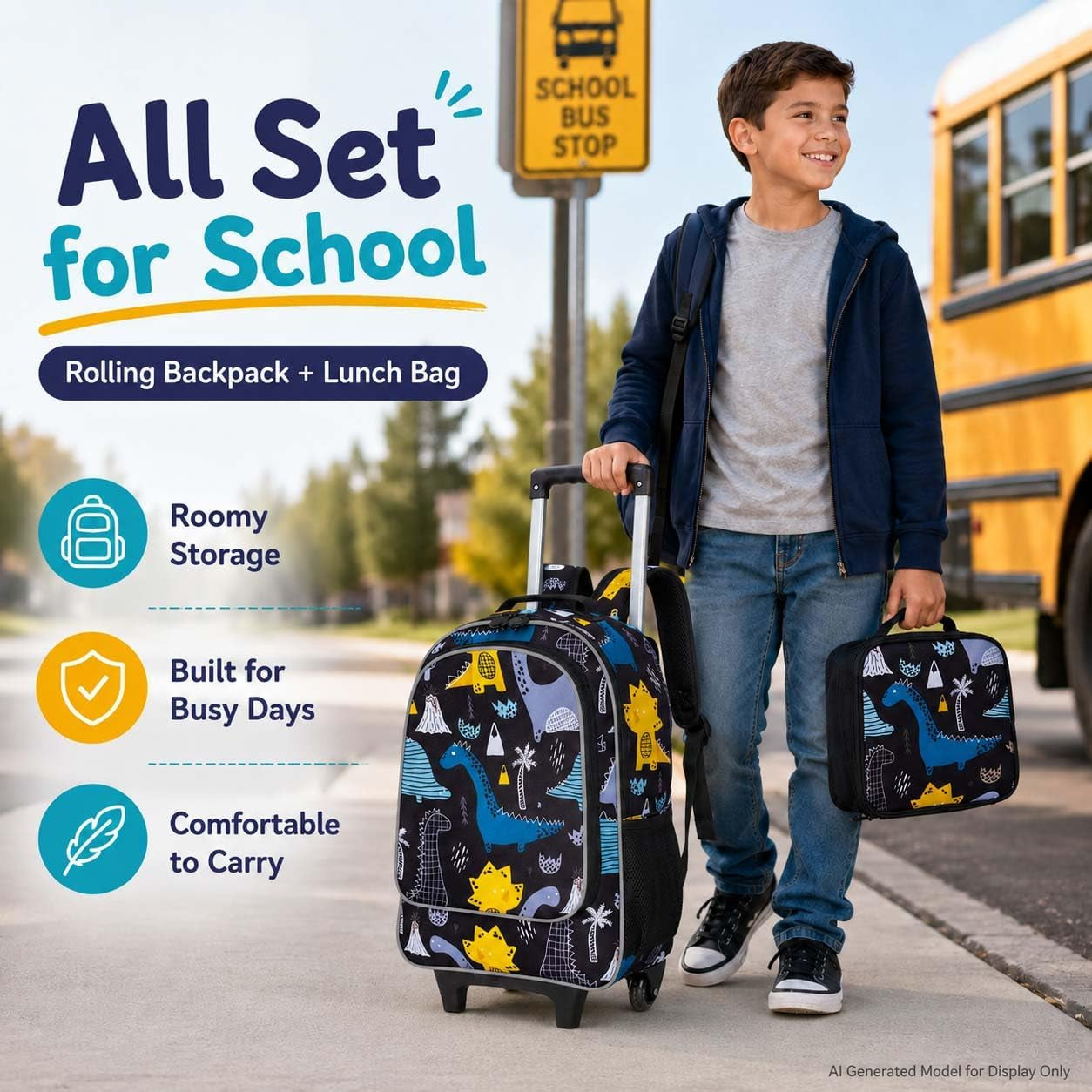 3PCS Rolling Backpack for Girls Boys, Kids Roller Wheels Bookbag, Wheeled School Bag with Lunch Bag