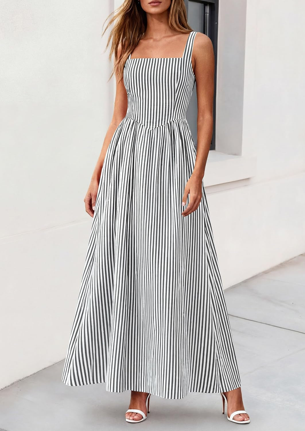 Women'S Maxi Dress Summer Striped Sundress | Sleeveless Square Neck, Long Flowy a Line, Smocked Back, Pockets, Casual Spring Outfits for Beach Vacation, Resort, Party