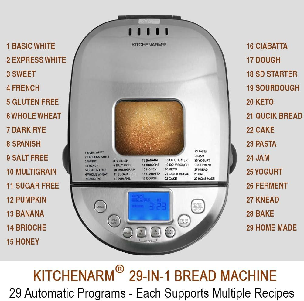 29-In-1 SMART Bread Machine with Gluten Free Setting 2LB 1.5LB 1LB Bread Maker Machine with Homemade Cycle - Stainless Steel Breadmaker with Recipes Whole Wheat Bread Making Machine