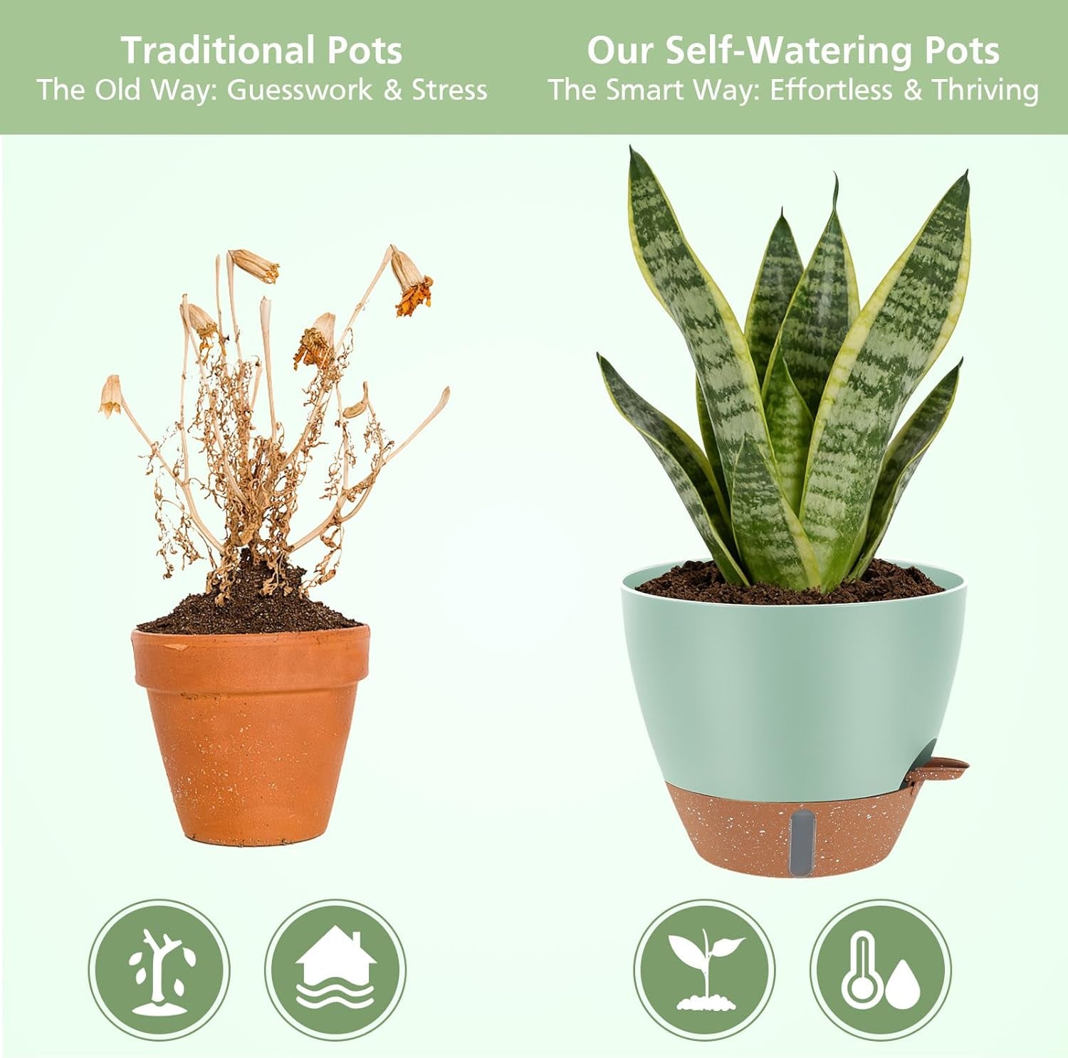Self Watering Pots with Water Level Indicator, 12" 10" 9" 8" Large Plastic Flower Pots with Mesh Drainage Hole and Removable Saucer Reservoir for Indoor Outdoor Plants (Green)