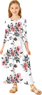 Girls Maxi Dress Floral 3/4 Long Sleeve Dresses with Pockets for Girls 6-12 Years