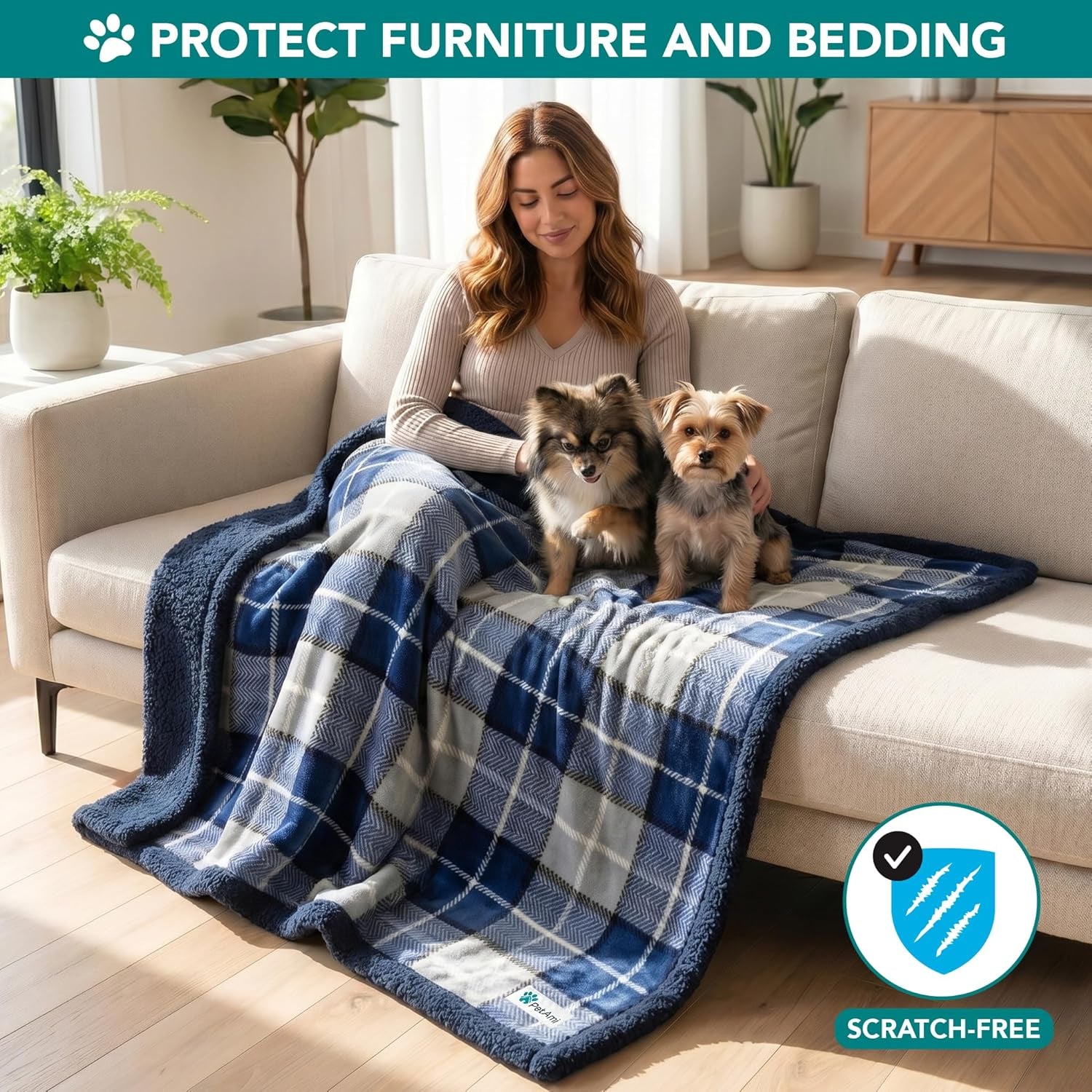 Dog Blanket for Medium Large Dogs and Pets, Soft Sherpa Fleece Pet Blanket for Cats Puppies, Reversible Plush Couch Cover Protector Sofa Bed Car Seat, Machine Washable, 80X60, Plaid Navy Blue