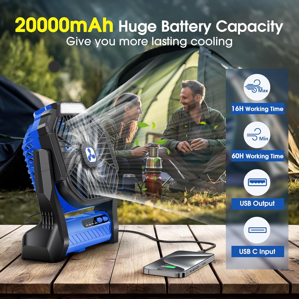 Portable Rechargeable Fan, 20000Mah Cordless Battery Powered Camping Fans | with LED Lantern Operated Outdoor Ventiladores for Travel Tent Camp Fishing Office Home Essentials Blue