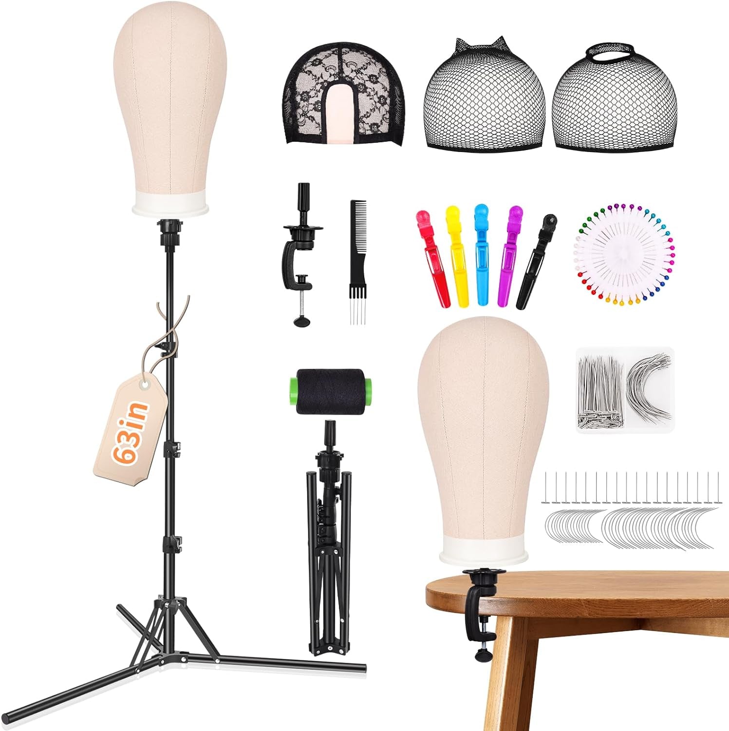Wig Head Stand Set, [ 63Inch Tall ] Wig Stand Tripod with Mannequin Head Included, 22'' Canvas Block Mannequin Head for Wigs Making Display Styling with Wig Caps, Wig T Pins, Table Clamp