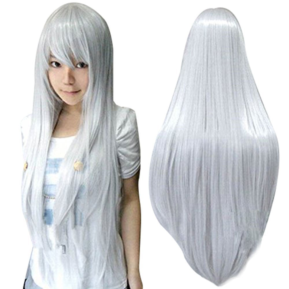 Hair Cap+32Inch/80Cm Silver Wig for Women Cosplay Wig, Peluca Larga Plateada for Anime Cosplay Women Halloween Costumes, Silver White Wig Straight Wig for Halloween Party