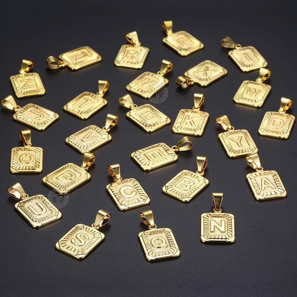 Rectangle Initial Letter Pendant Charm for Mens Womens Gold Plated Capital Letter Pendant Necklace Rolo Chain 18Inch