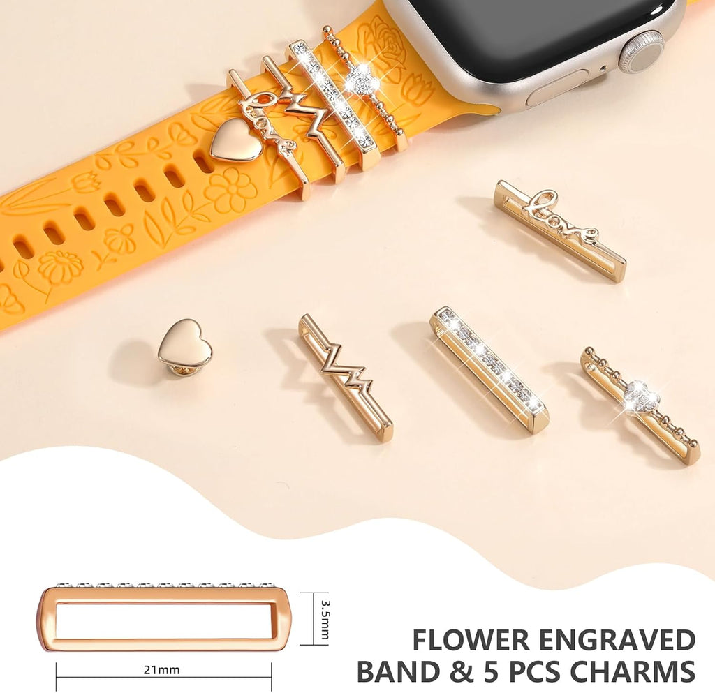 Flower Engraved Band Compatible with Apple Watch Bands for Women 40Mm 38Mm 41Mm 42Mm, Soft Silicone Strap with Dressy Decorative Apple Watch Charms for Iwatch Series 11 10 9 8 7 6 5 4 3 2 1 SE