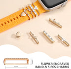 Flower Engraved Band Compatible with Apple Watch Bands for Women 40Mm 38Mm 41Mm 42Mm, Soft Silicone Strap with Dressy Decorative Apple Watch Charms for Iwatch Series 11 10 9 8 7 6 5 4 3 2 1 SE