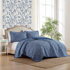 Laura Ashley - Quilt Set, Super Soft Fabric Bedding with Matching Shams, Toile-Inspired Print, Floral Home Essentials (Elaina Blue, King)