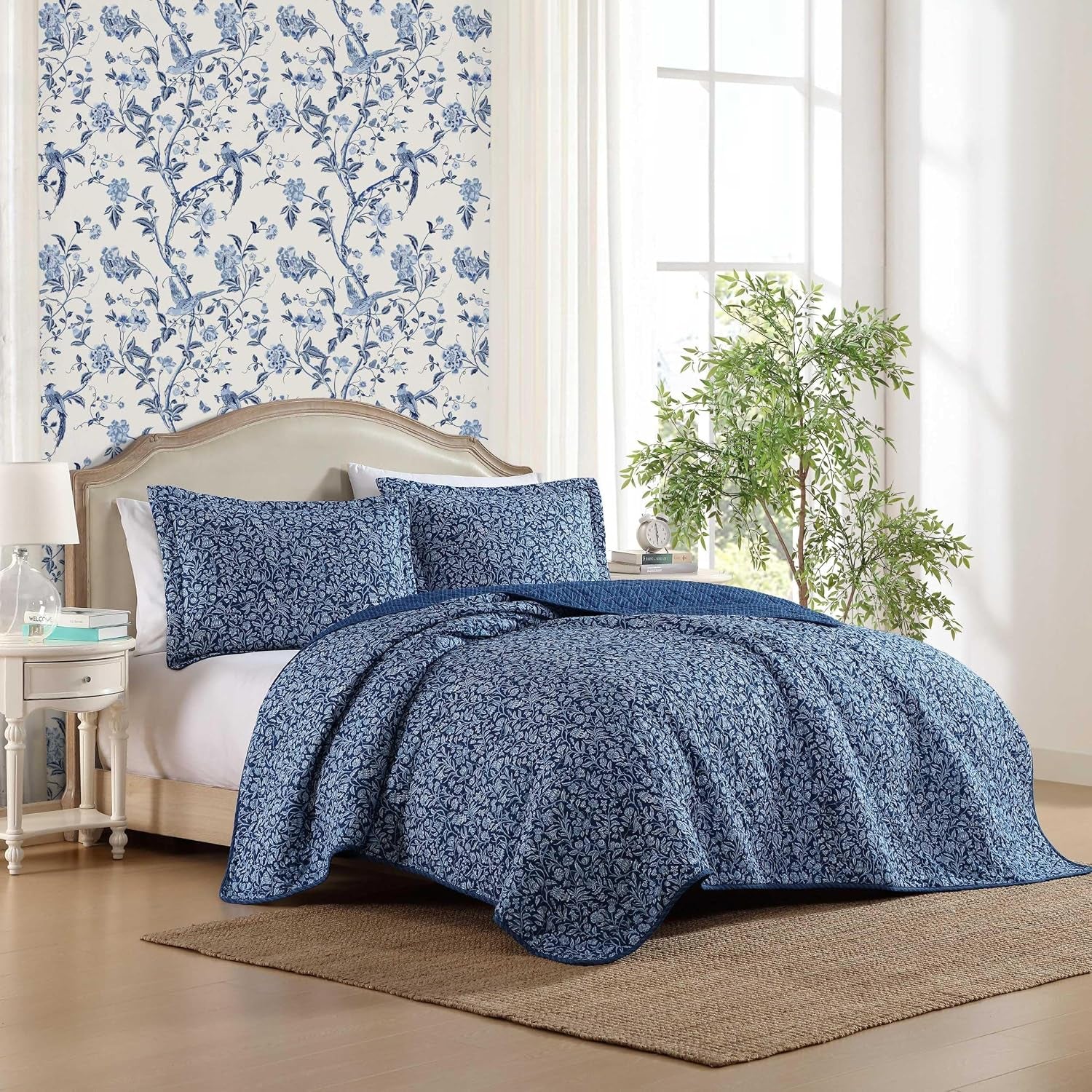 Laura Ashley - Quilt Set, Super Soft Fabric Bedding with Matching Shams, Toile-Inspired Print, Floral Home Essentials (Elaina Blue, King)