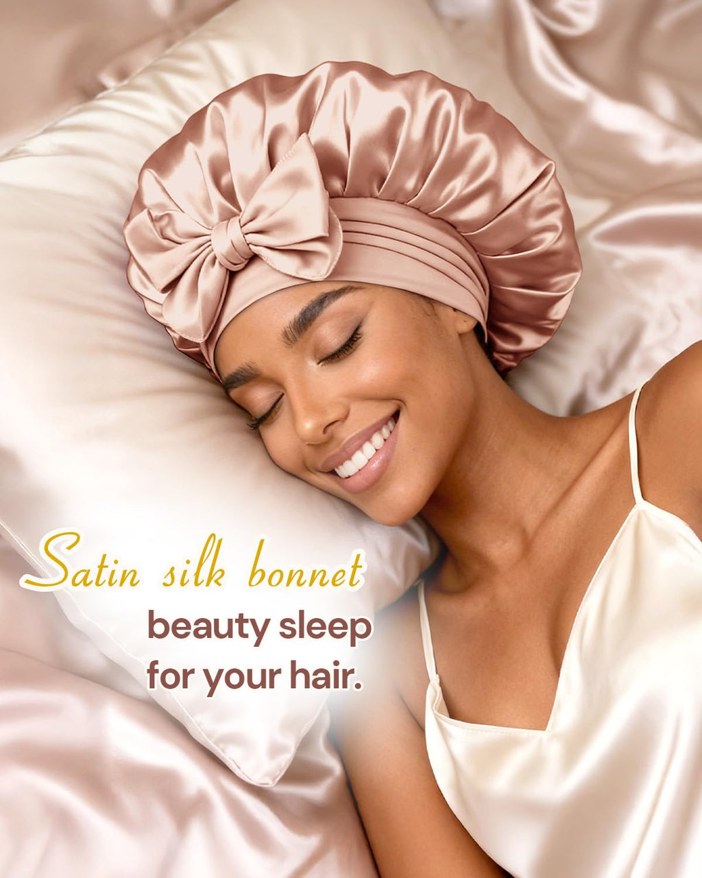 Double Layer Silk Bonnet for Sleeping for Women Satin Lined Bonnet Night Cap for Curly Hair with Tie Band,Champagne