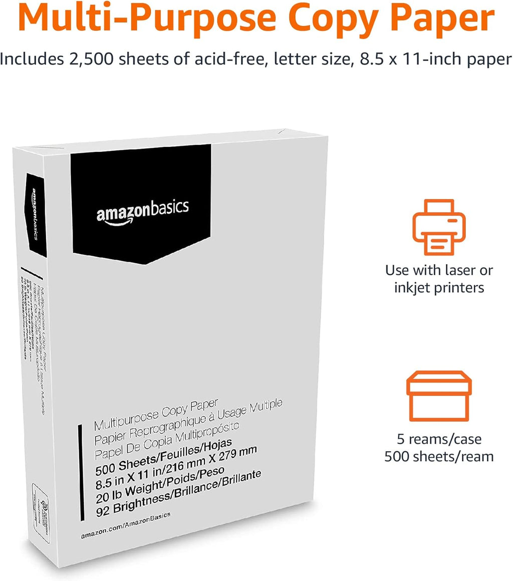 Multipurpose Copy Printer Paper, 20 Lb, 8.5 X 11 Inches, 5 Reams (2,500 Sheets), 92 Bright White