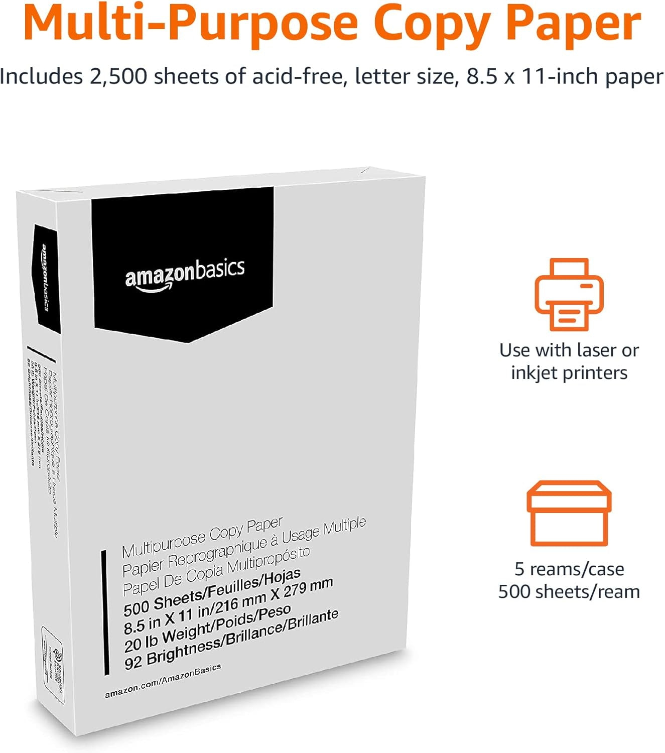 Multipurpose Copy Printer Paper, 20 Lb, 8.5 X 11 Inches, 5 Reams (2,500 Sheets), 92 Bright White
