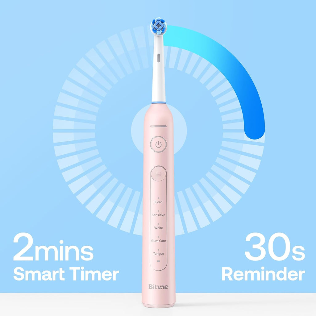 R2 Rotating Electric Toothbrush for Adults with 8 Brush Heads, 5 Modes Rechargeable Power Toothbrush with Pressure Sensor, Pink