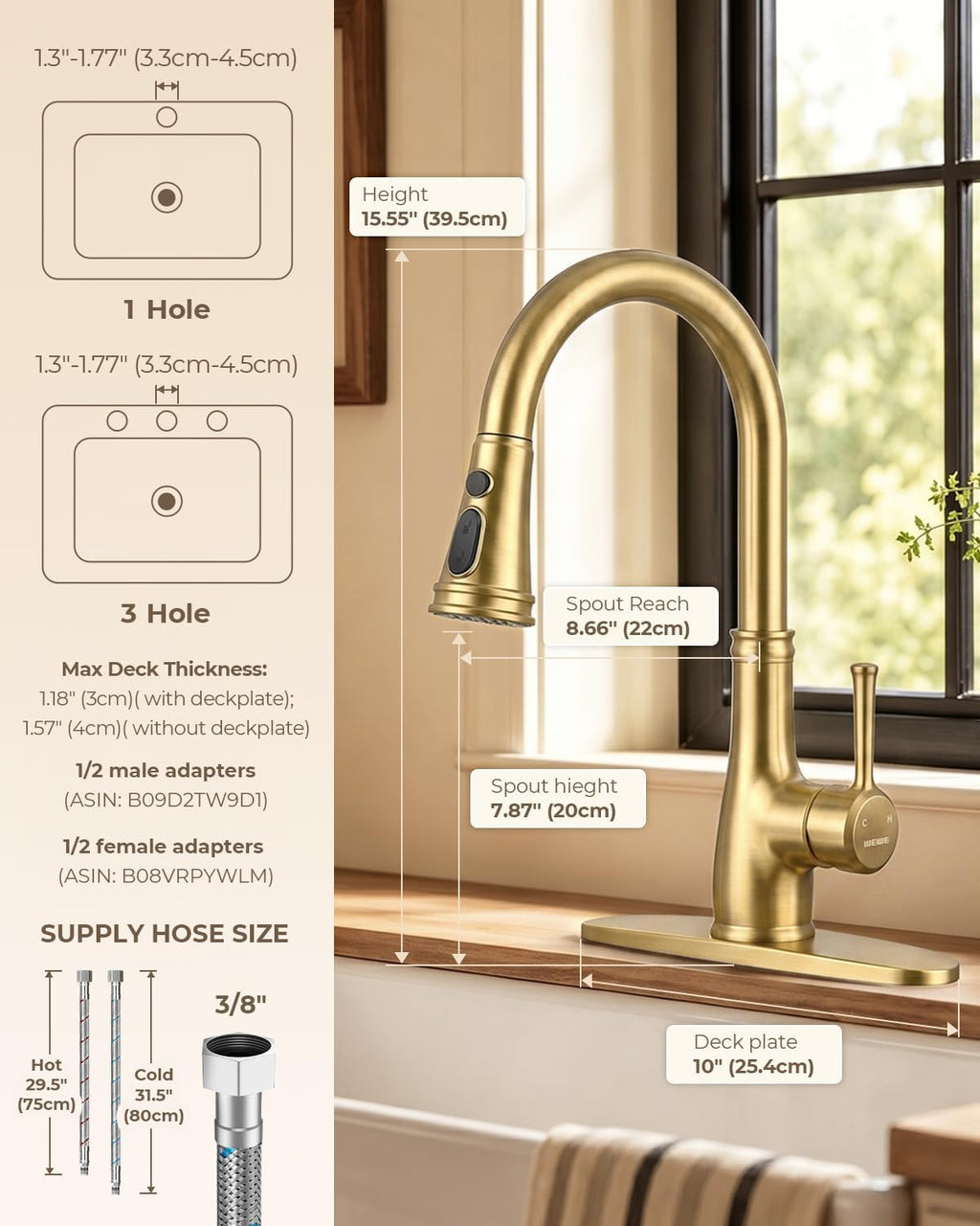 Vintage Kitchen Faucet, Pull-Down Sprayer, Brushed Gold, High Arc | 3 Modes Sprayer, 360 Swivel, Deck Plate, SUS304, Fits 1- or 3-Hole Sinks, 20-Inch Hose, Ceramic Cartridge, Lead-Free