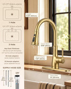 Vintage Kitchen Faucet, Pull-Down Sprayer, Brushed Gold, High Arc | 3 Modes Sprayer, 360 Swivel, Deck Plate, SUS304, Fits 1- or 3-Hole Sinks, 20-Inch Hose, Ceramic Cartridge, Lead-Free