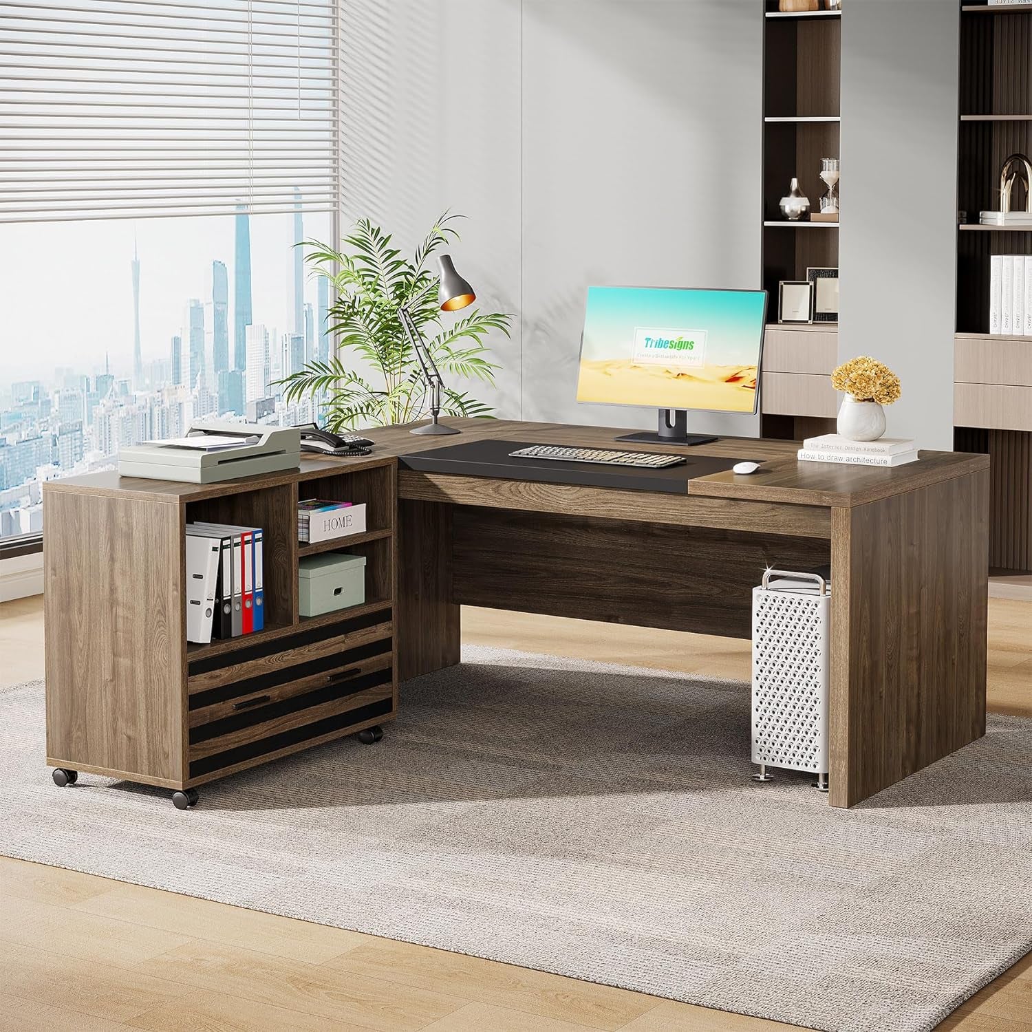 62.2" Executive Desk with Mobile File Cabinet, L-Shaped Office Desk with Storage Shelves, Large Computer Desk Business Workstation Set for Home Office, Light Brown