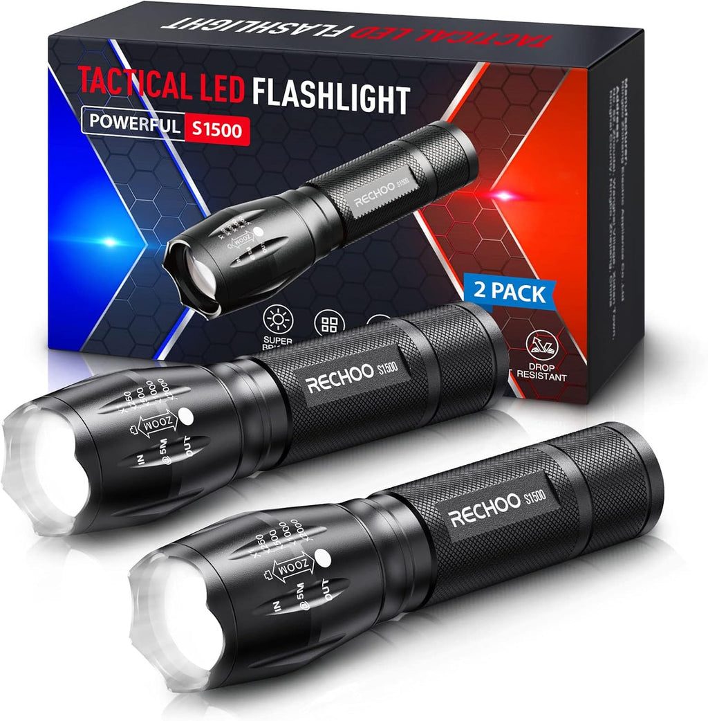Tactical Flashlight 2Pk，Super Bight Zoomable 5 Modes Flashlight | AAA Battery Power 1500Lm Waterproof Portable Pocket LED Flashlights for Power Outage, Emergency, Camping Essential