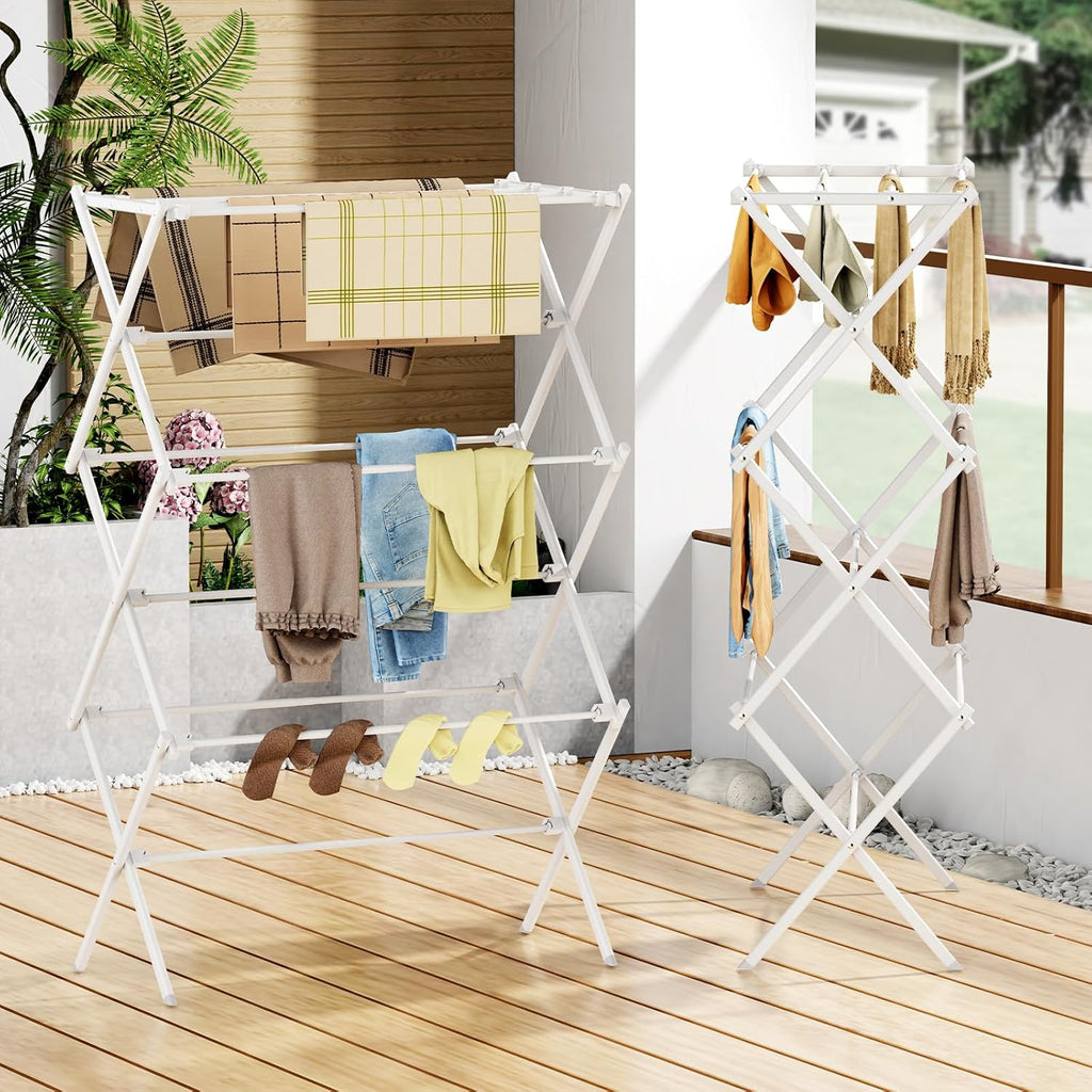 Drying Rack Clothing, 3-Tier Clothes Drying Rack Foldable, Antirust Laundry Drying Rack Collapsible Use for Indoor & Outdoor, 11.8" D X 34.6" W X 35.4" H, White