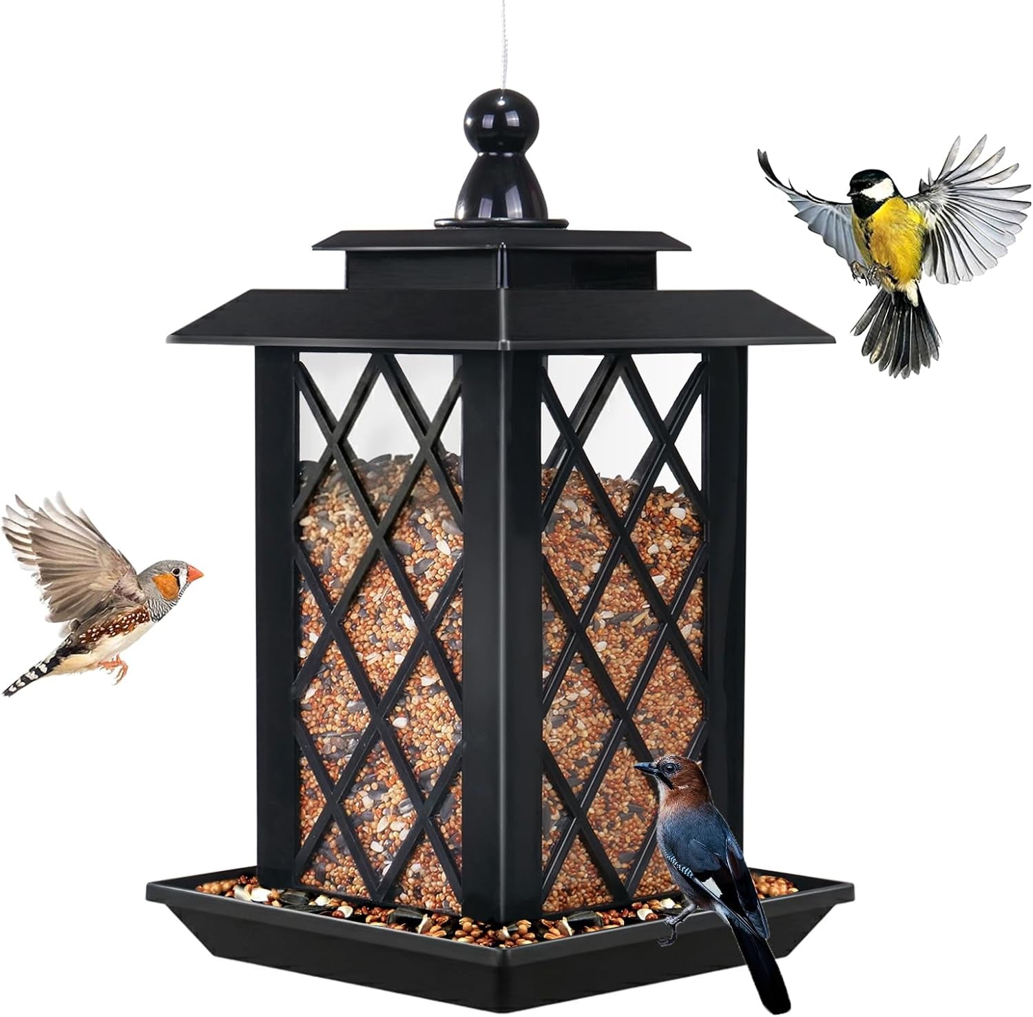 Large Bird Feeders, Hanging Bird Feeders for Outdoors, 3.2Lb Capacity Lantern Wild Bird Feeders for outside Hanging, Black