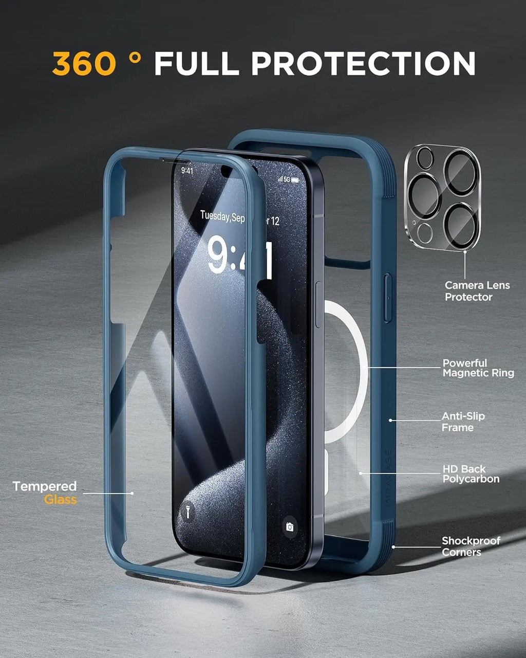 Magnetic for Iphone 15 Pro Max Case 6.7'' [Compatible with Magsafe] Full-Body Drop Proof Bumper Phone Case for Iphone 15 Pro Max with Built-In 9H Tempered Glass Screen Protector,Blue
