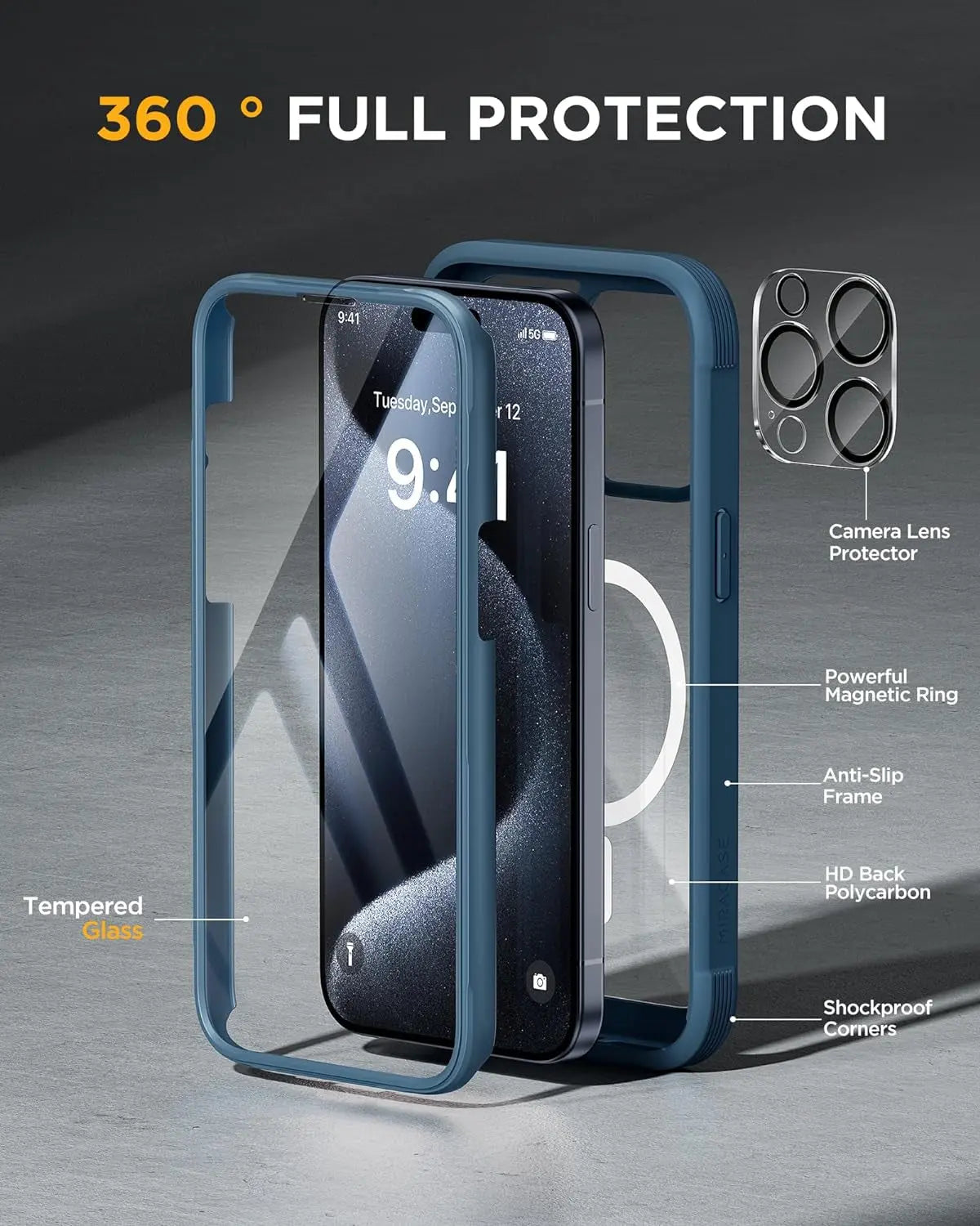 Magnetic for Iphone 15 Pro Max Case 6.7'' [Compatible with Magsafe] Full-Body Drop Proof Bumper Phone Case for Iphone 15 Pro Max with Built-In 9H Tempered Glass Screen Protector,Blue