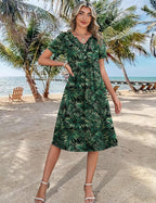 Women Summer Dresses Casual Short Sleeve Midi Dress with Pockets | Empire Waist, a Line, V Neck, Button Decor, Floral, Flowy, Loose Fit, Beach Vacation T Shirt Sundress