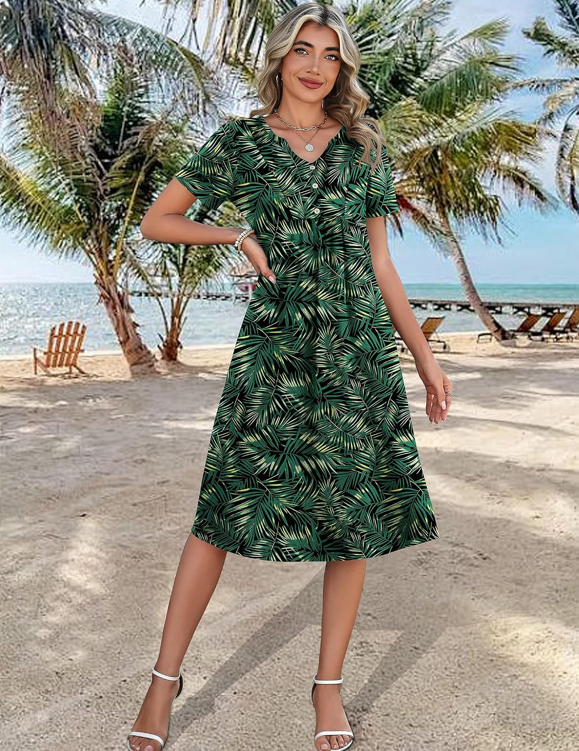 Women Summer Dresses Casual Short Sleeve Midi Dress with Pockets | Empire Waist, a Line, V Neck, Button Decor, Floral, Flowy, Loose Fit, Beach Vacation T Shirt Sundress