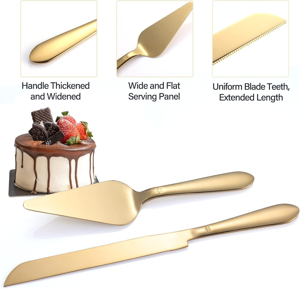 Cake Cutting Set for Wedding, Elegant Cake Knife and Server Set with Thickened Stainless Steel Rounded Edges, Cake Cutter Pie Spatula for Birthday Anniversary, 2 Pcs, Gold