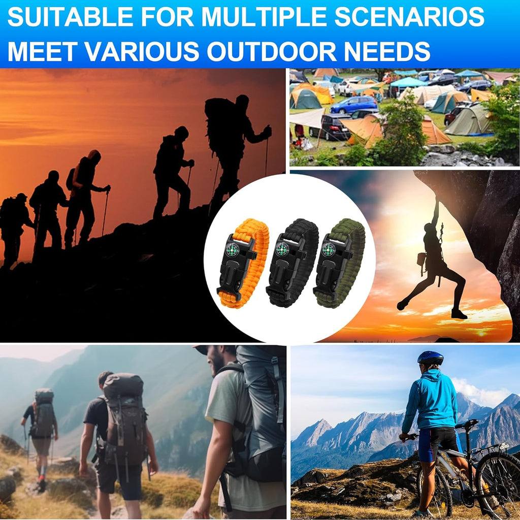 Survival Bracelet Set, 3 Pack with Compass and Whistle | 3 Paracord Bracelets with Compass, Whistle and Magnesium Fire Starter for Camping, Hiking and Emergency Kits