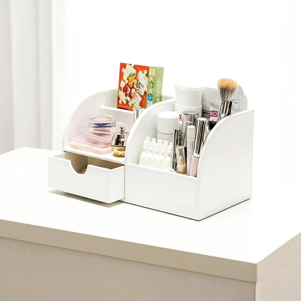 Desk Organizer - Multifunctional Leather Desktop Pen Holder Storage Box - Business Card/Pen/Pencil/Mobile Phone/Stationery Holder, White