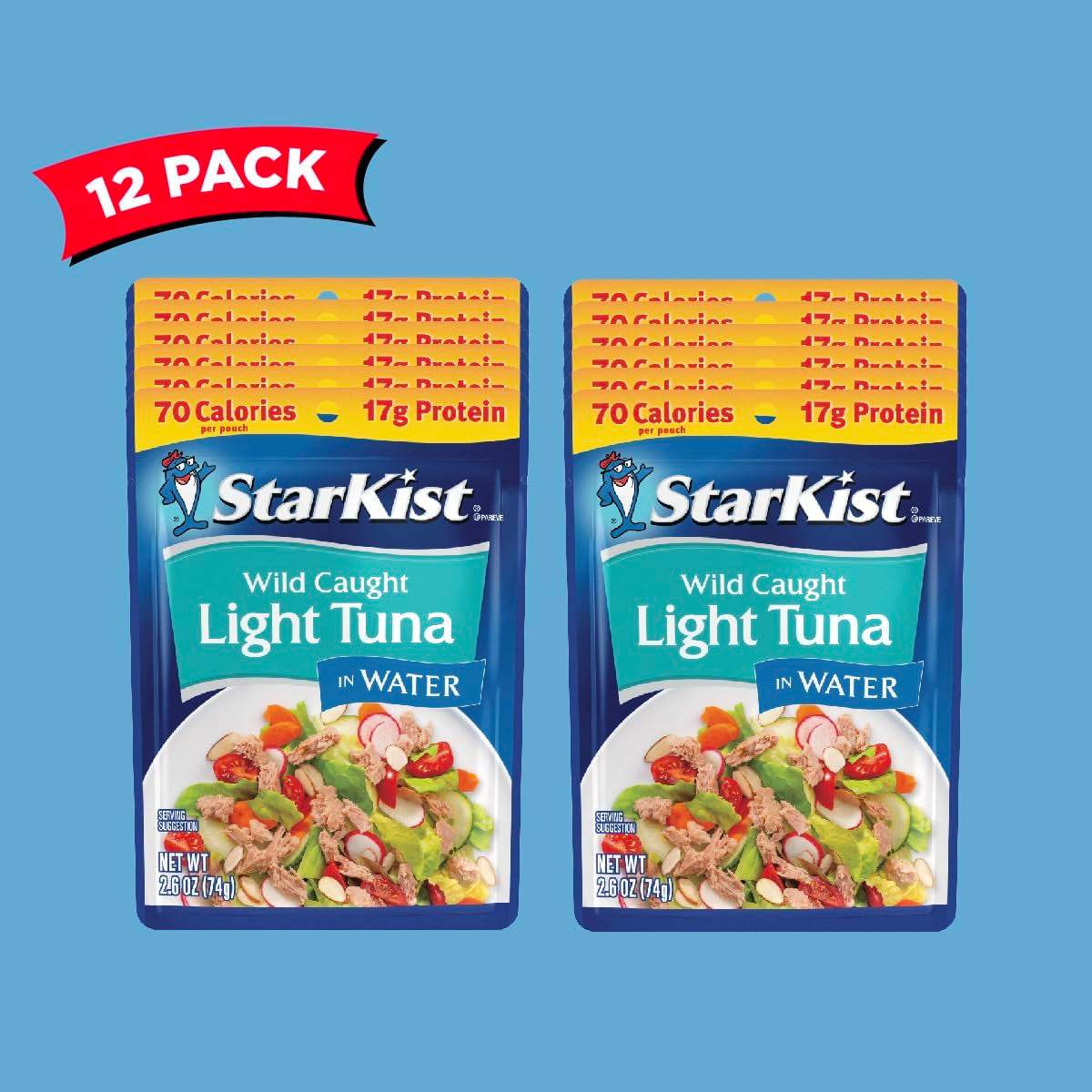 Chunk Light Tuna in Water, 2.6 Oz Pouch (12 Pack) Ready to Eat Wild Caught Tuna, 17G Protein, 70 Calories per Serving, Gluten Free, Soy Free, Kosher, Perfect for Salads, Keto Meals and Snacks